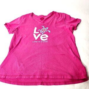 Life Is Good Women's Size Medium T Shirt Love Pink V Neck